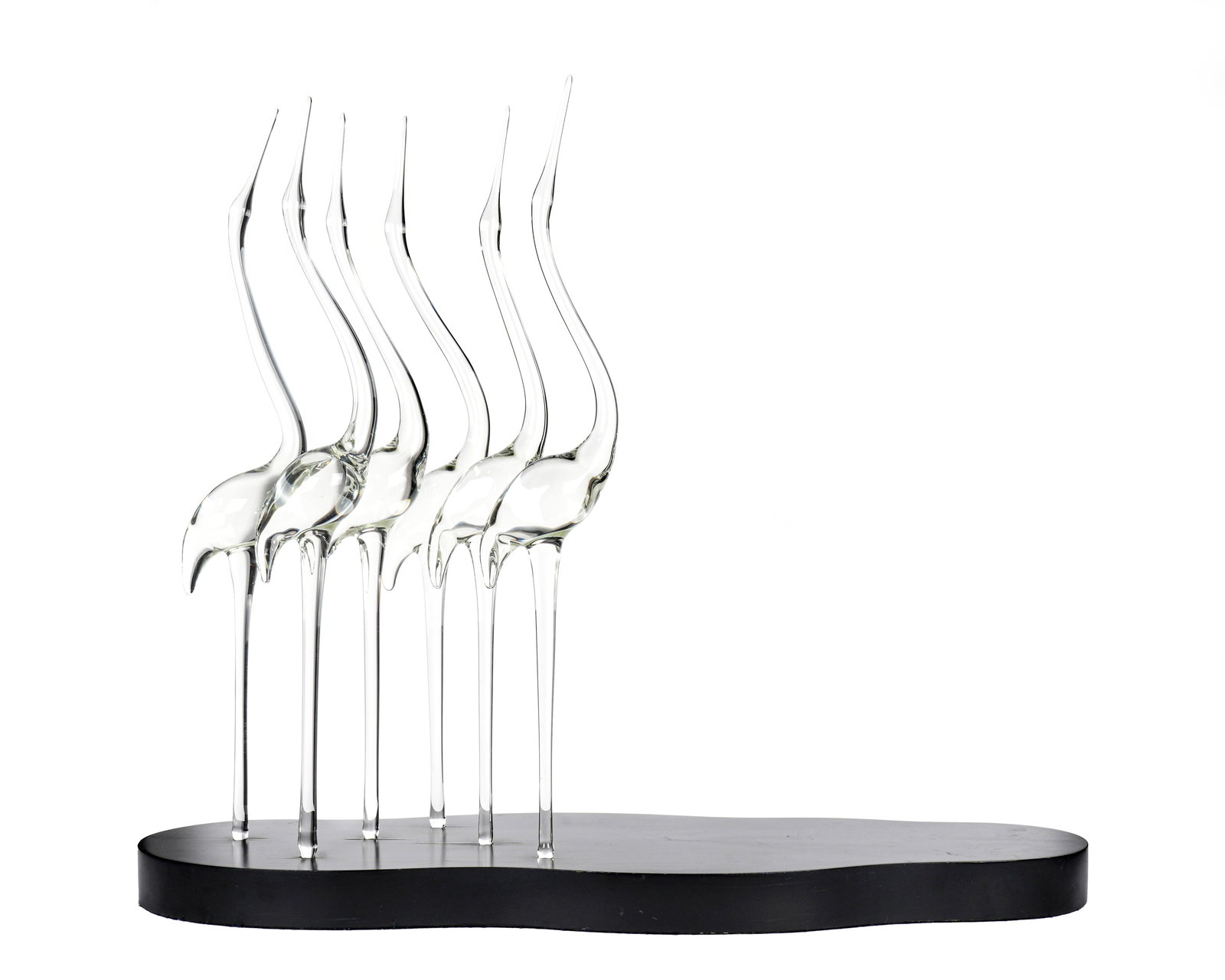 Hans Frabel Glass Flamingos Sculpture: FRABEL, Hans Godo, (American, 1941-): Six glass flamingos removably set into painted wood plinth, Raised GF mark under one tail. Overall 21.25" h. x 25" x 9". Condition: 21.25" h. x 25" x 9". Conditio