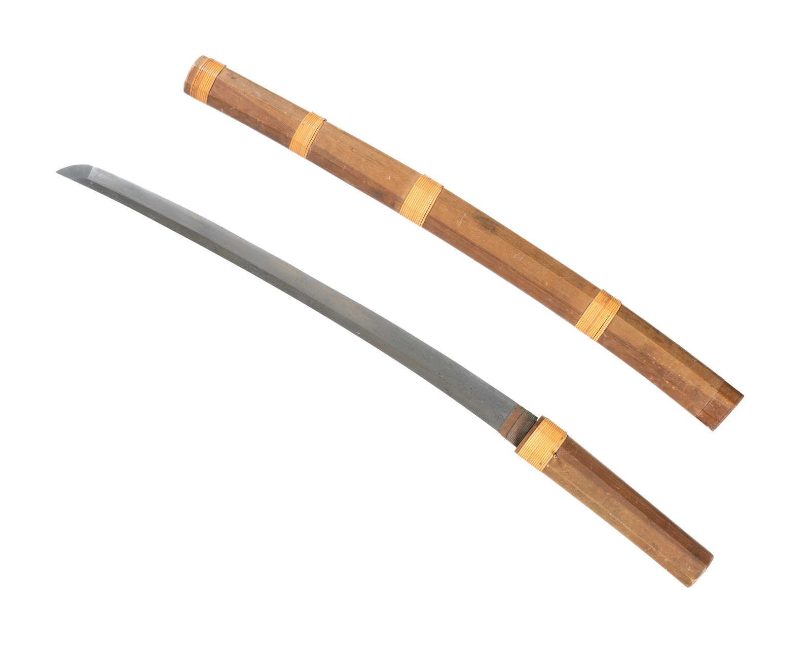 Antique Japanese Wakizashi Sword: 20 1/8" Shinogi Zukuri blade, signed Moritsugu, 5 1/2" nagako. Overall 31 1/2" long in saya. Please see full appraisal and description below from a Japanese sword expert. From the collection of noted