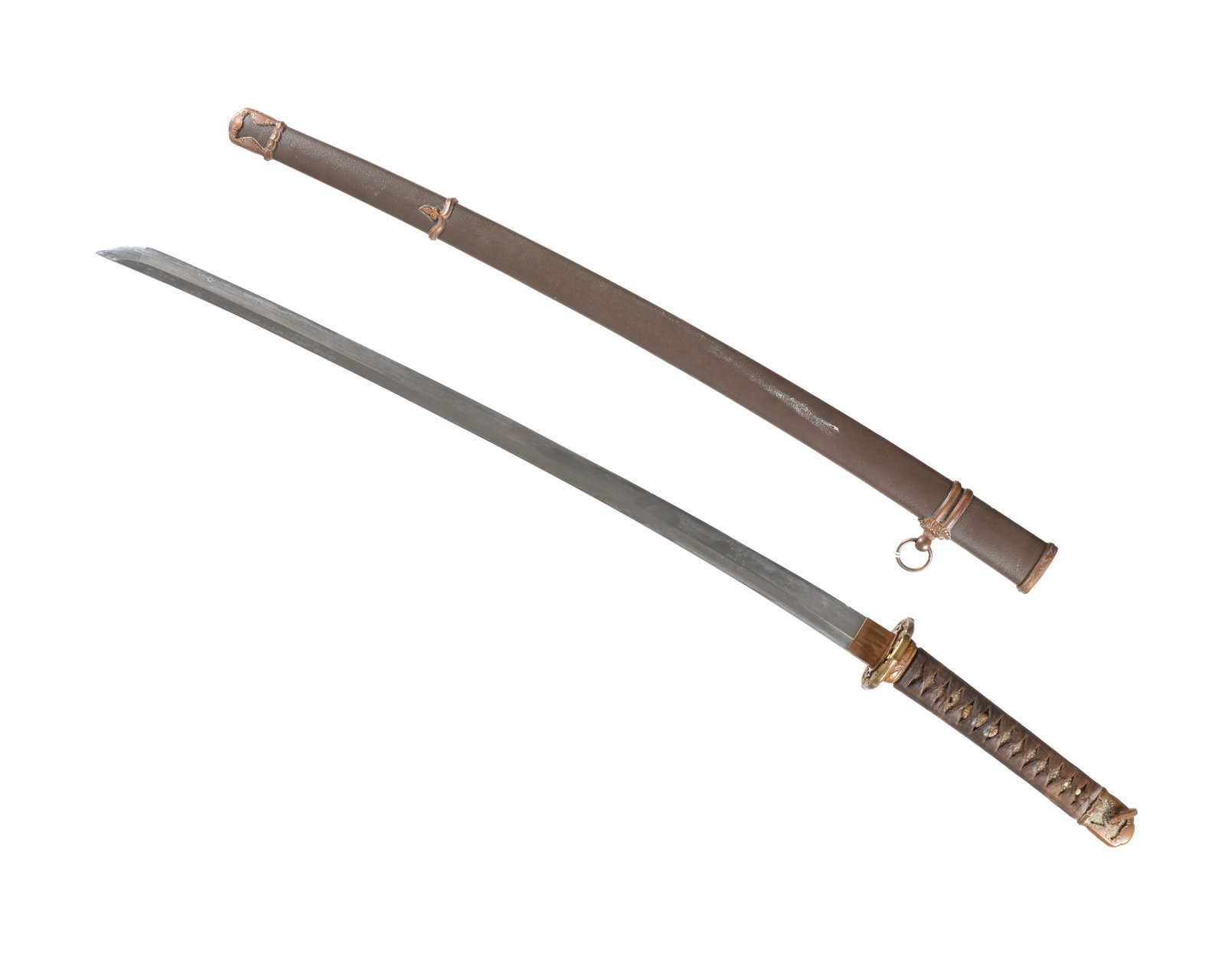 Japanese Military Katana Sword: 26 7/8" Shinogi Zukuri blade, signed Masayasu 7 7/8" nagako. Overall 39 1/4" in saya. Please see full appraisal and description below from a Japanese sword expert. From the collection of noted collect
