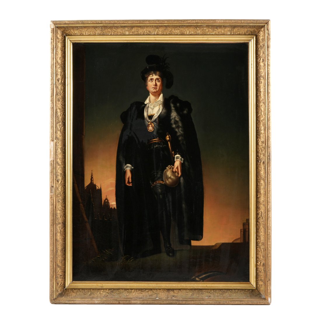 Portrait of a Victorian Actor Portraying Hamlet: Full body portrait in landscape of a Victorian era actor portraying the roll of Hamlet and holding skull, Oil/Canvas, no visible signature, 38" x 28", framed 44" x 34". Condition: Craquelure and inpai