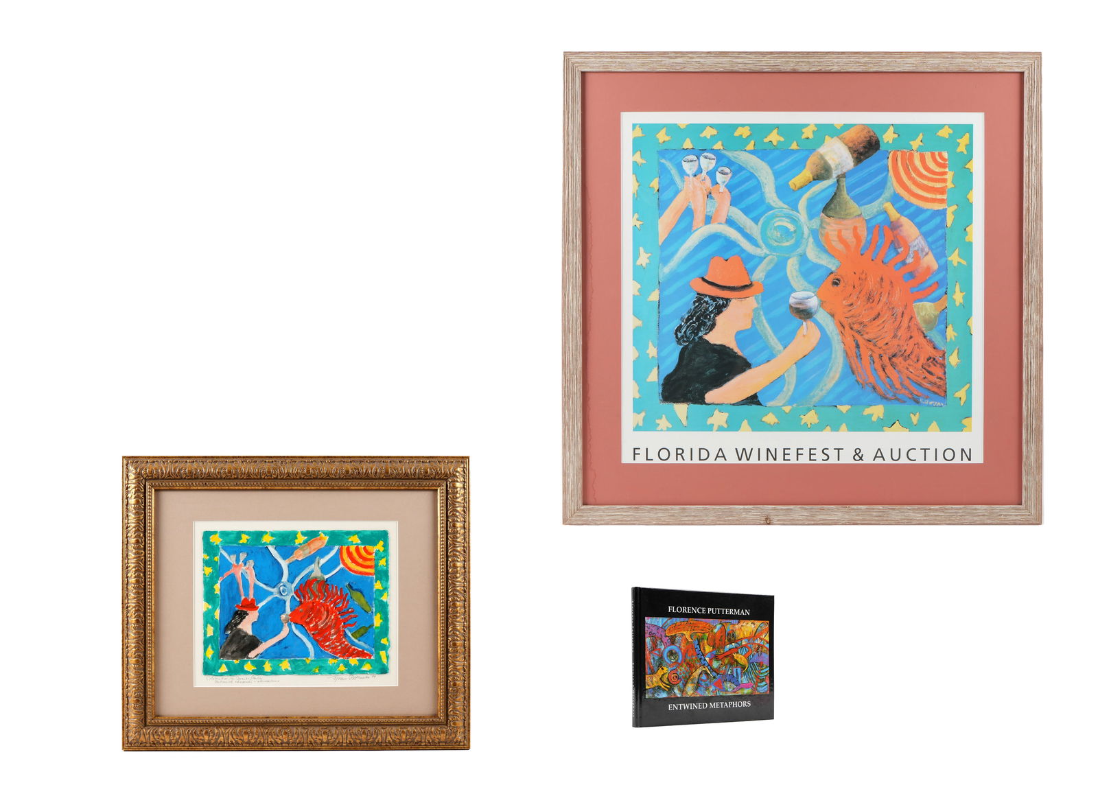 Florence Putterman Original Watercolor Art for Poster: PUTTERMAN, Florence, (American, 1927-2021): Three pieces total to include 1) Original watercolor on paper study for Florida Winefest & Auction poster, signed and dated '99 lower right, inscription low