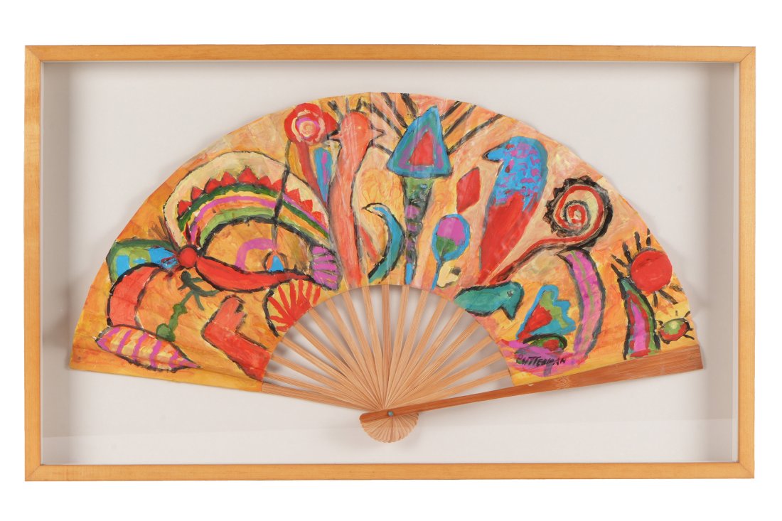 Florence Putterman Framed Painted Fan: PUTTERMAN, Florence, (American, 1927-2021): "Baroque Bash", Watercolor/Gouache on paper fan, signed lower right, sight size 14.5" x 26.5", framed 18. 25" x 30.5".