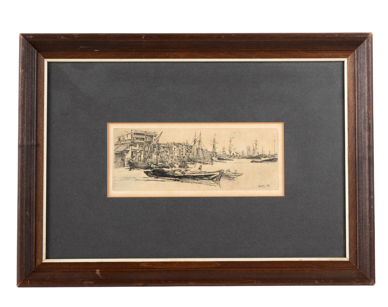 James Whistler Thames Warehouse Engraving: WHISTLER, James Abbott McNeil, (American, 1834-1903): "Thames Warehouse", later impression on paper, plate size 2.75" x 7.5", framed 11.5" x 16". Condition: Toning.
