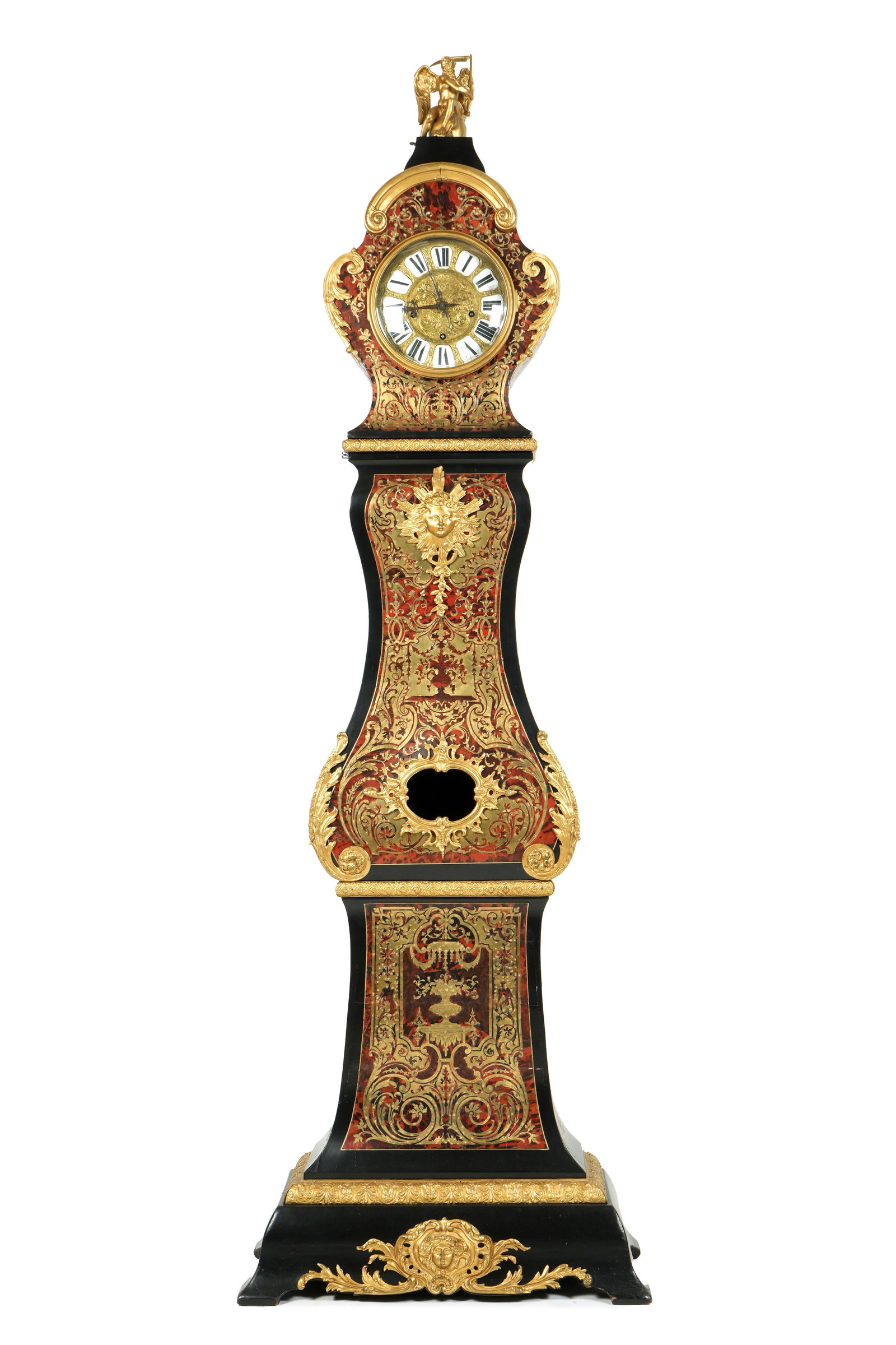 Louis XV Style Boulle Inlaid Tall Case Clock: Late 19th Century, gilt bronze figure of "Father Time" finial over serpentine bonnet, bombe form trunk, stepped base with applied gilt bronze accents. Profuse Boulle brass inlay decoration on faux tor