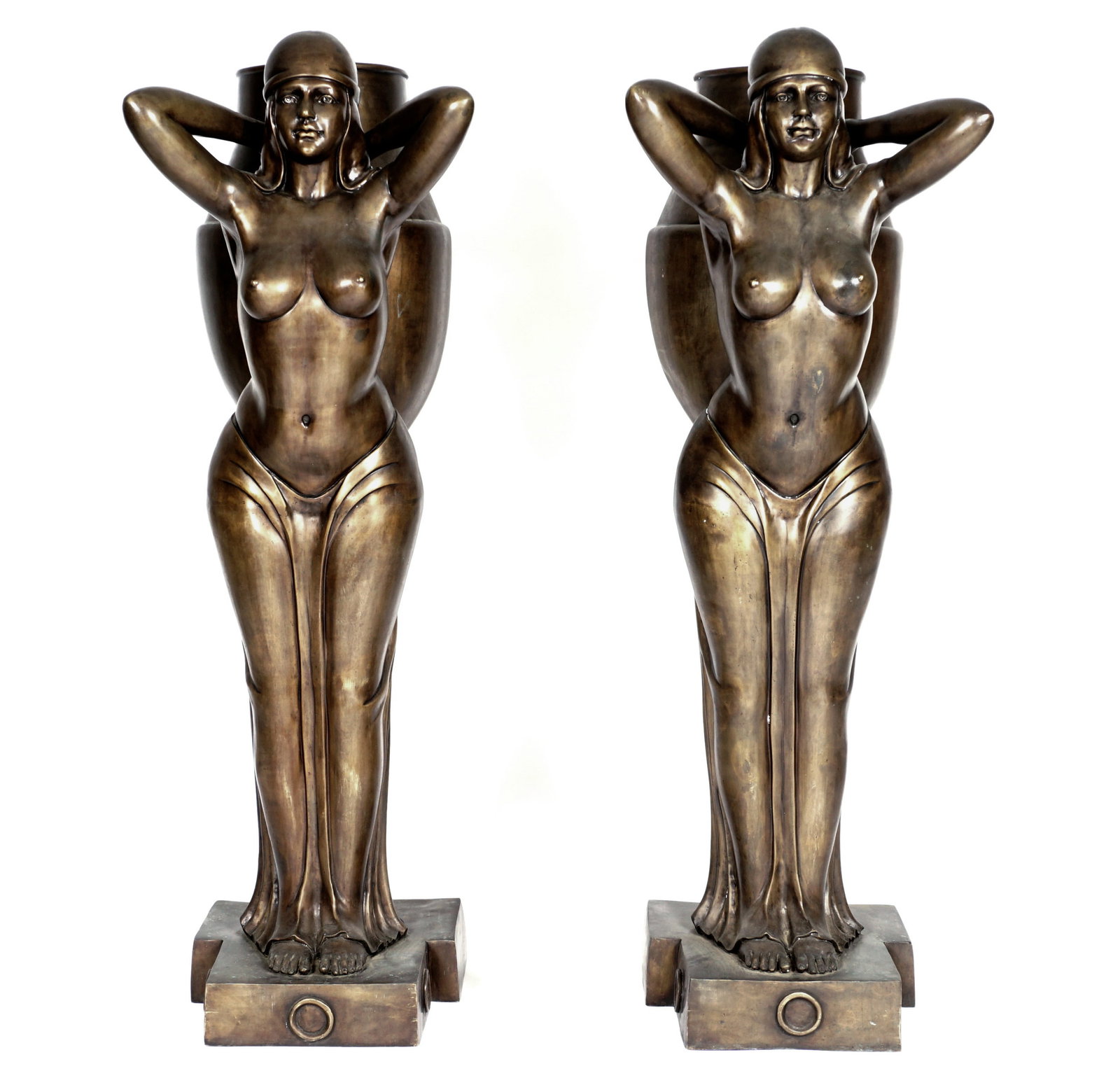 Pair Life Size Bronze Art Deco Style Maidens Carrying Baskets: Manner of VILLANIS, Emmanuel, (French, 1858-1914): Pair patinated hollow cast bronze semi nude standing maidens each holding a basket or water vessel. Unsigned, overall 69.25" h. x 24" x 20".