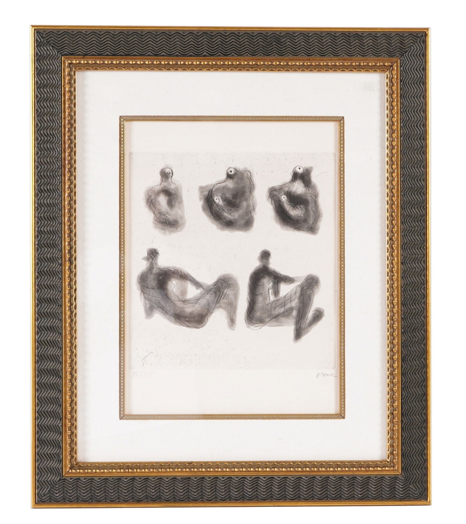 Henry Moore Charnelle de Rene Crevel Etching: MOORE, Henry, (British, 1831-1895): One plate from "La Mysticit? Charnelle de Ren? Crevel", Etching and Aquatint on paper, pencil signed lower right, numbered XII/XLV lower left, impression size 11" x