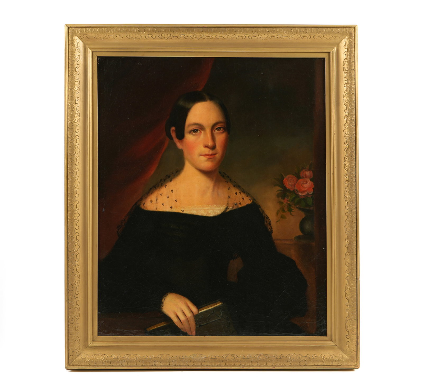 19th Century Portrait James Buchanan's Mother: Early 19th Century portrait reputedly of Elizabeth Speer Buchanan, mother of President James Buchanan, seated and holding a book, Oil/Canvas, no visible signature, 30" x 24.5", framed 36.75" x 31". Co