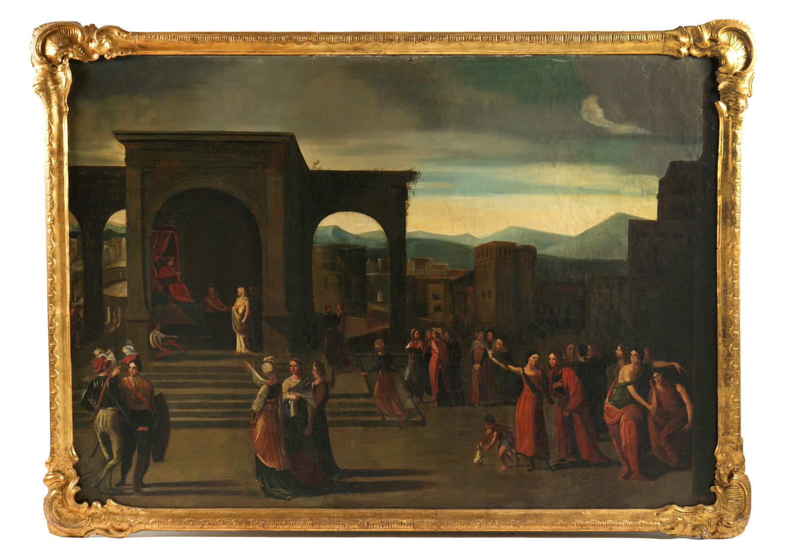 Large Solomon and the Queen of Sheba Painting: Large 18th / 19th Century Continental School depiction of the Queen of Sheba visiting King Solomon and courtyard scene with figures, Oil/Canvas, no visible signature, 46" x 64", framed, 51.5" x 71". C