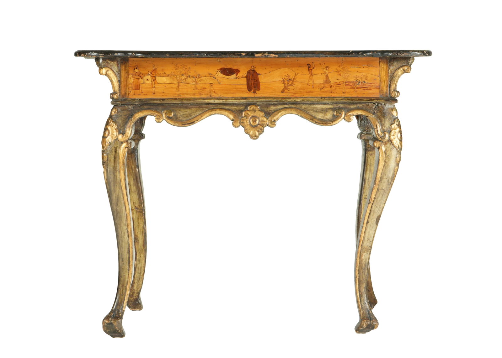18th Century Italian Marquetry Inlaid Center Table: Serpentine top with inlaid roses and scroll over marquetry inlaid agrarian landscapes with figures. Painted, carved, and shaped skirt and legs. Overall 30.5" h. x 37.25" x 24.25". Condition: Veneer ch