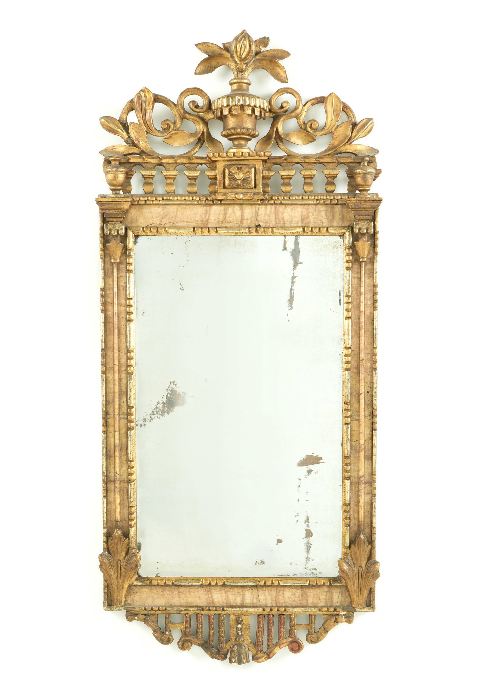 18th C. Carved Giltwood and Marble Bilboa Mirror: Crest with center floral urn finial flanked by foliates scroll. Fame with inset marble panels, carved giltwood accents, lower openwork foliate scroll. Overall 39" h. x 17". Condition: Chips, repairs,