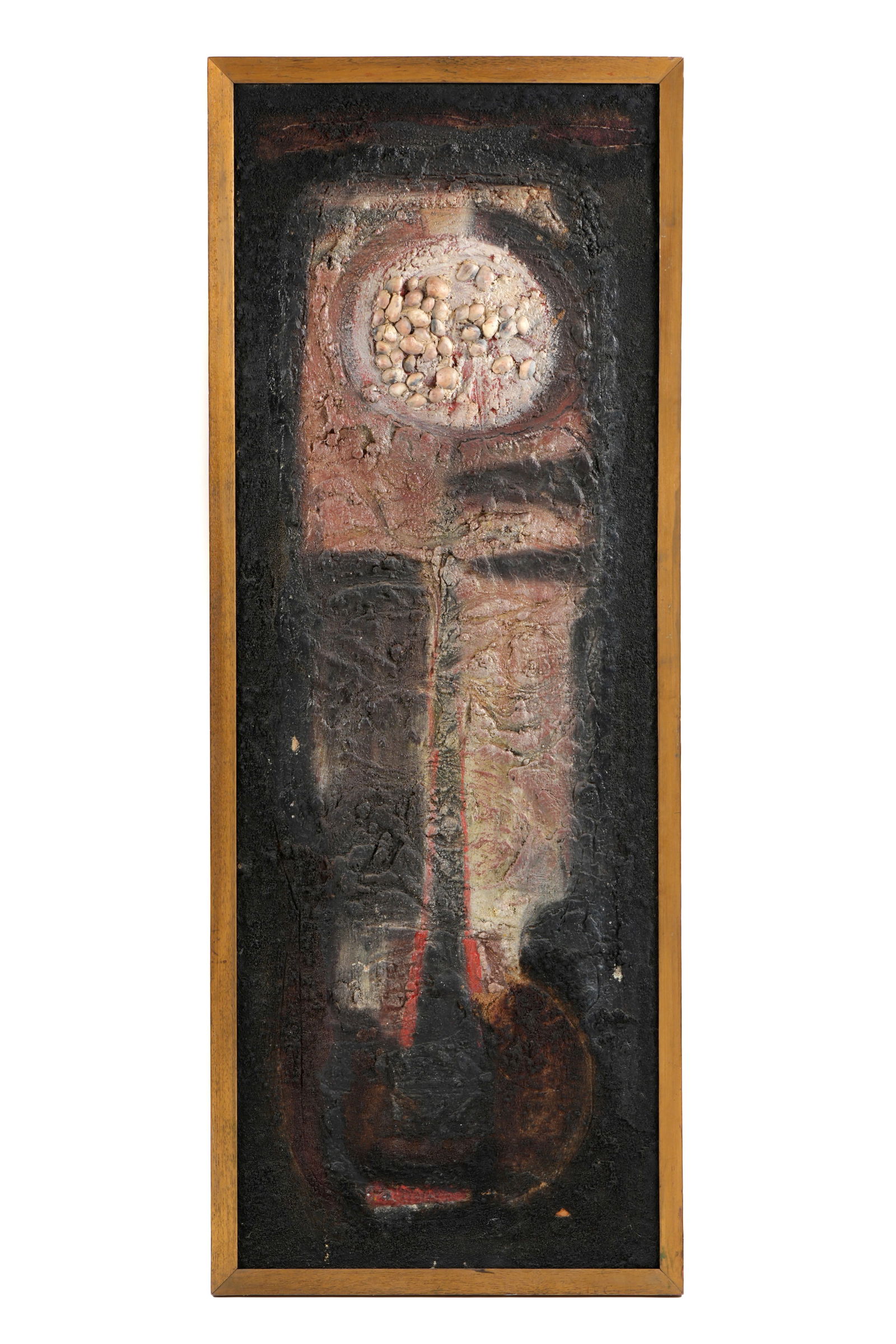 1965 Sunil Das Mixed Media Horse Head Collage: DAS, Sunil, (Indian, 1939-2015): Unusual abstract depiction of a horse head, Mixed Media, Acrylic/Oil/applied shells on canvas, signed and dated 1965 in chalk verso, 44.5" x 16", original New American