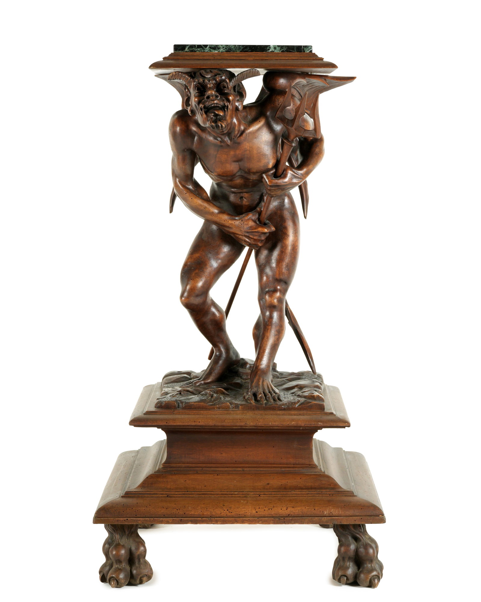 Figural Carved Wood Mephistopheles Pedestal: Square inset marble top over nicely carved figure of Mephistopheles or the Devil holding a pitchfork, signed Clavel on tiered base. All on four paw feet. Overall 43.5" h. x 23.25" x 24.5", marble meas