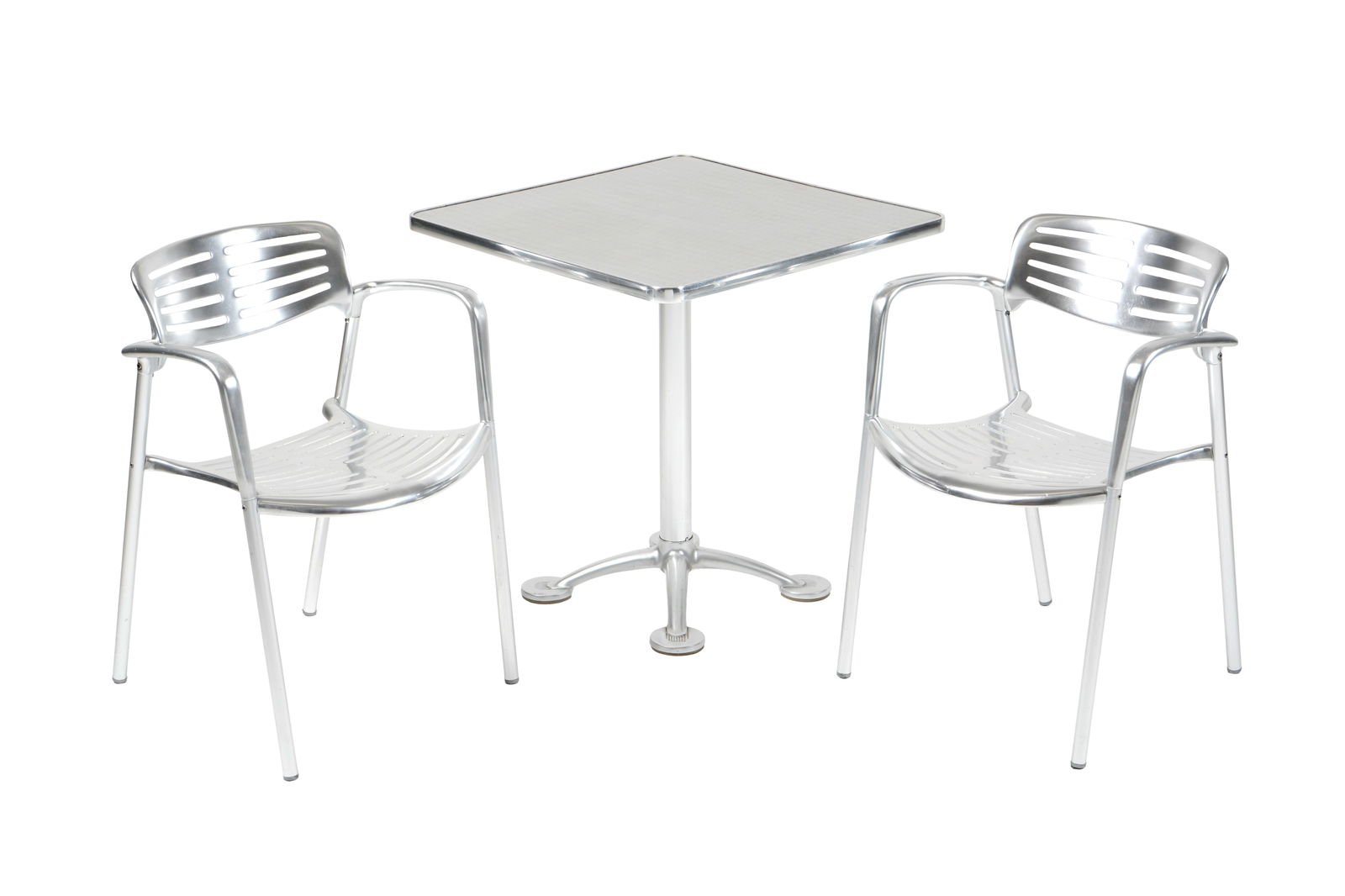 Jorge Pensi 3 Pieces Toledo Aluminum Bistro Set: Three piece bistro set designed by Jorge Pensi for Amot, to include two brushed aluminum "Toledo" stacking chairs, each stamped under seat, 30.75" h. x 22.25" x 19.25". Square brushed aluminum top tab