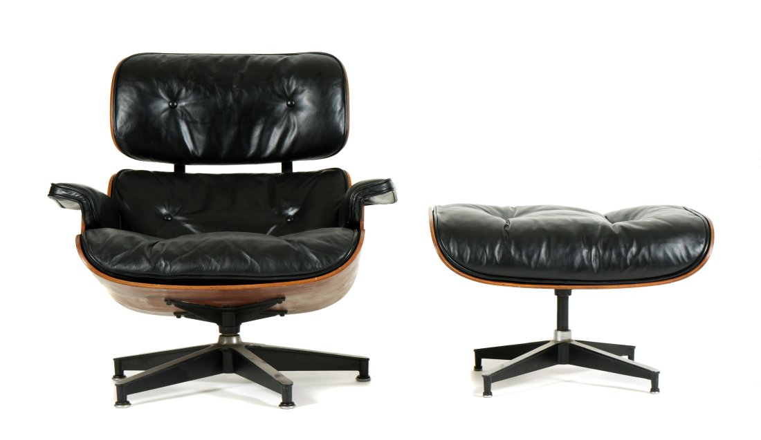 1960's Eames Lounge Chair & Ottoman Herman Miller: Herman Miller for Charles & Ray Eames lounge chair and ottoman. Rosewood veneer molded frames, metal legs, original black leather upholstery. Labeled under chair seat, chair measures 33" h. x 33" x 33