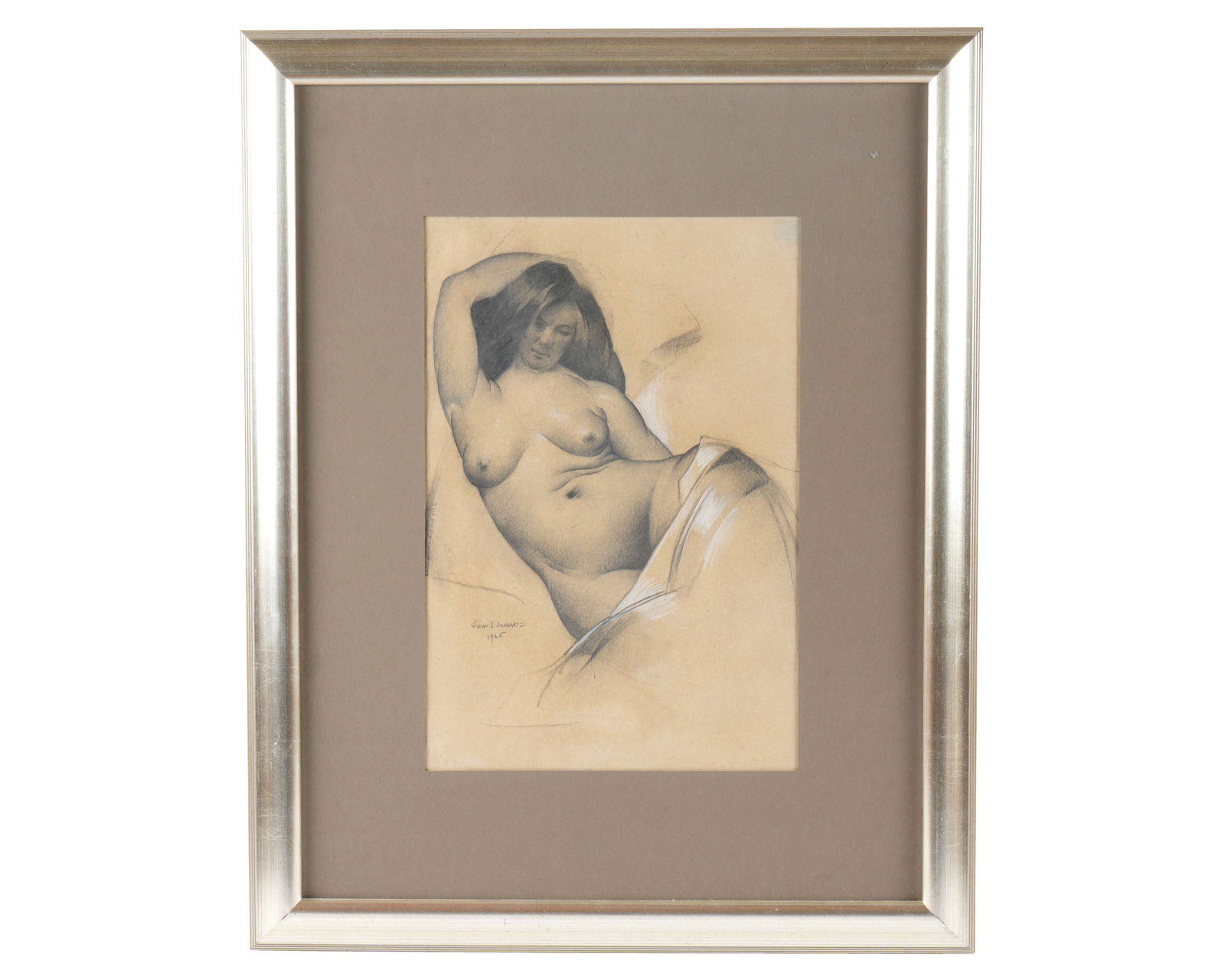 William S. Schwartz Mixed Media Reclining Nude: SCHWARTZ, William S., (Russian / American, 1896-1977): "Reclining Nude", mixed media on paper, signed lower left and dated 1925, older gallery label verso with price of $6,500, sight size 16.5" x 11",