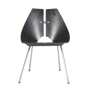 Ray Komai Molded Wood Side Chair: Ebonized molded plywood frame over metal tube legs, overall 30" h. x 21.25" x 23.75". Condition: Chips to paint on wood, rusting to legs.