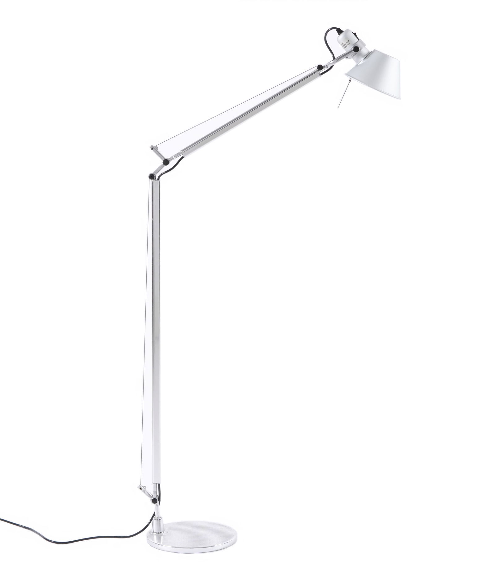 Artemide Tolomeo Articulating Suspension Lamp: Chrome finish articulating floor lamp with suspension wire, designed by Michel de Lucchi for Artemide. Overall 64" h. at highest position x 9" base dia. Condition: Minor scratches to finish.