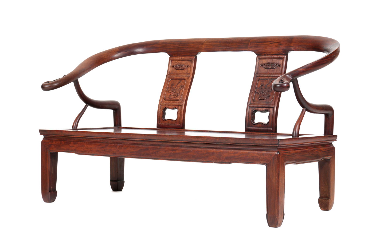 19th Century Chinese Carved Hardwood Bench: Rosewood or similar hardwood bench, shaped top rail and arms ending in carved scroll hand holds, two shaped back splats carved with auspicious items in panel, all on four straight legs. Overall 29.75"