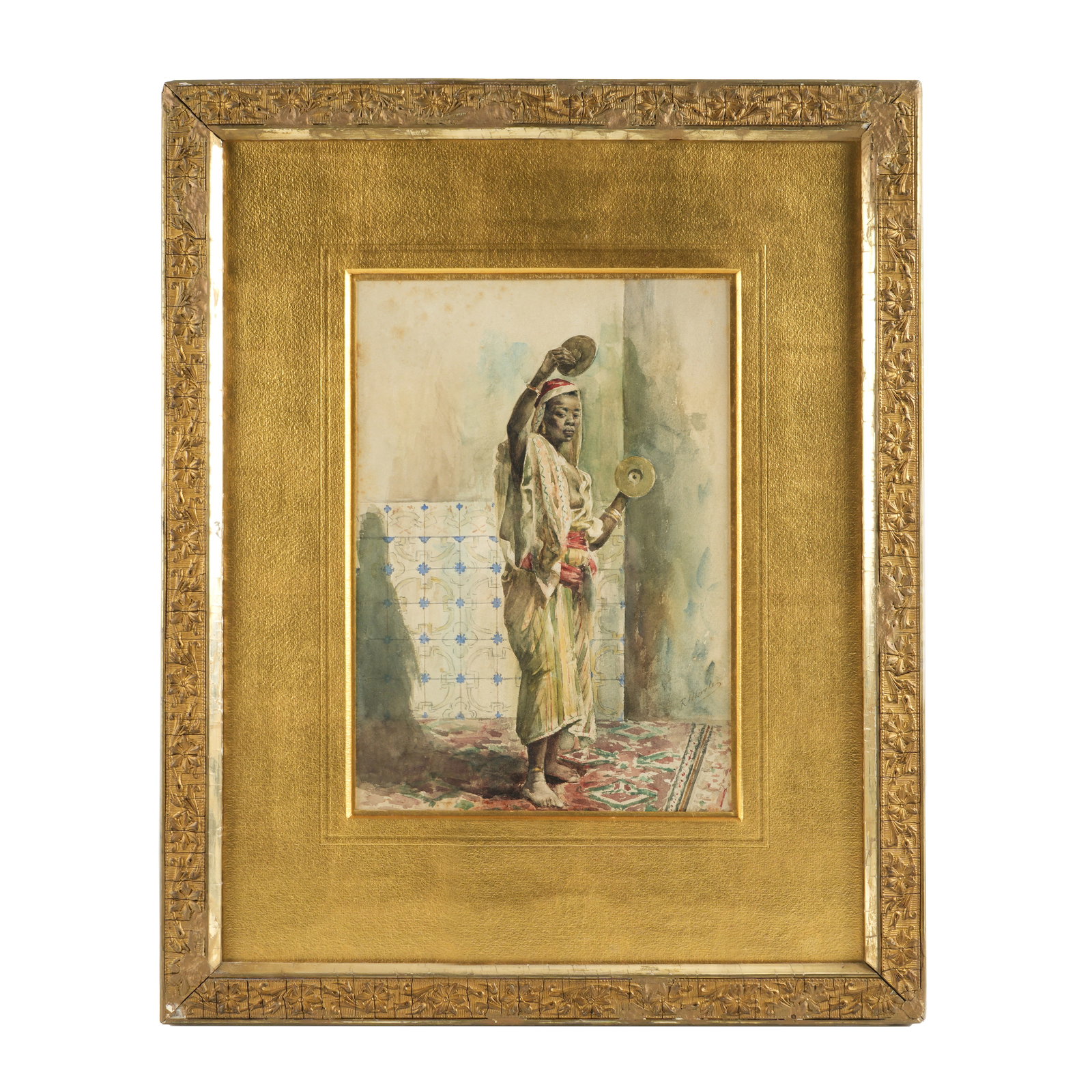 Rafael Alberola Moorish Dancer Watercolor: ALBEROLA Y BERENGUER, Rafael, (Spanish, 1846-1923): Depiction of a Moorish woman dancer with cymbals, Watercolor on Paper, signed lower right, sight size 13" x 9", framed 23" x 18.5". Condition: Minor