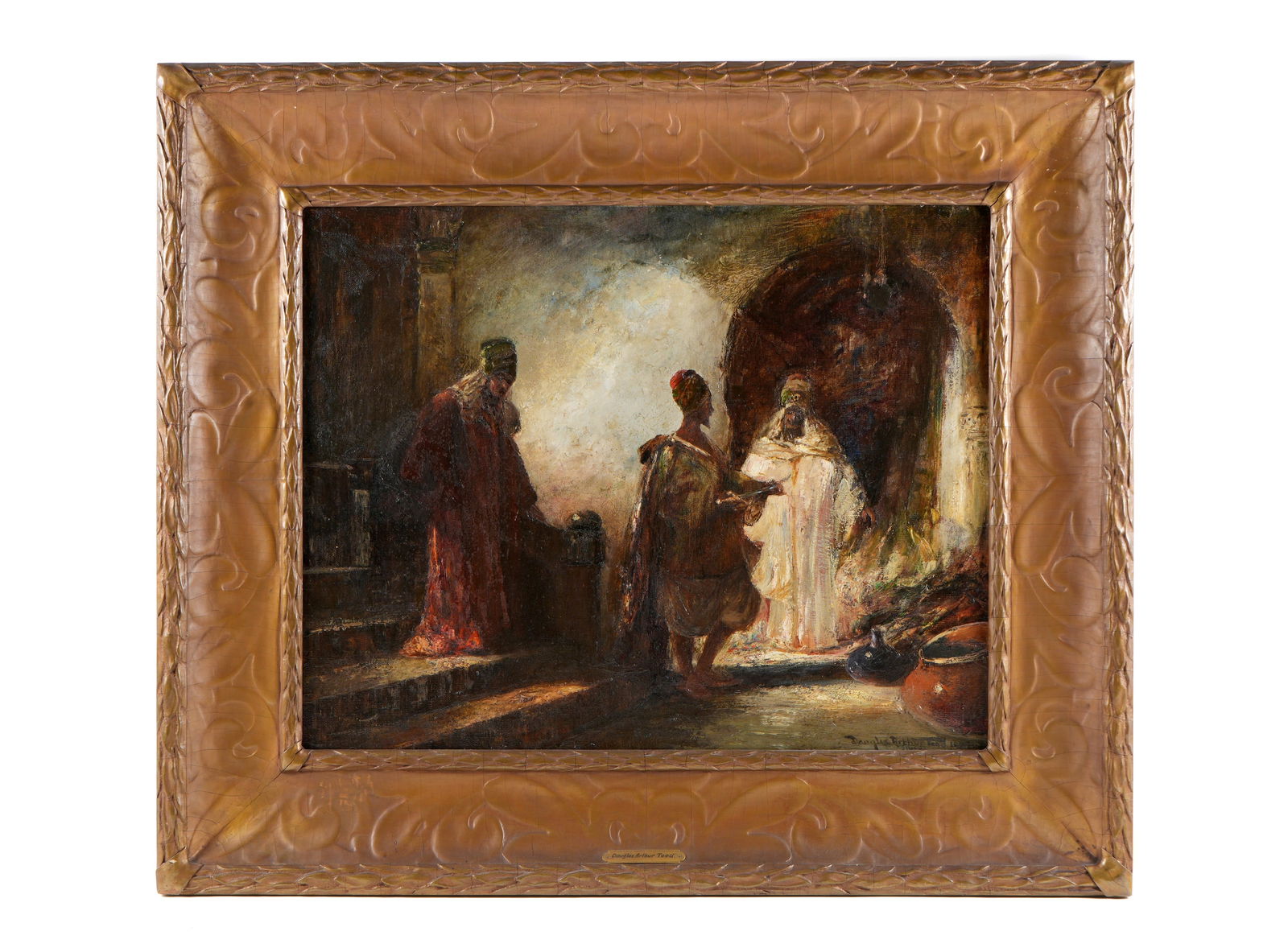 Douglas Arthur Teed Moorish Orientalist Market Sellers Painting: TEED, Douglas Arthur, (American, 1860-1929): Orientalist merchants in a back alley with one displaying a sword in his hands, Oil/Canvas, signed lower right and dated 1927, 27.5" x 34", framed 40" x 47