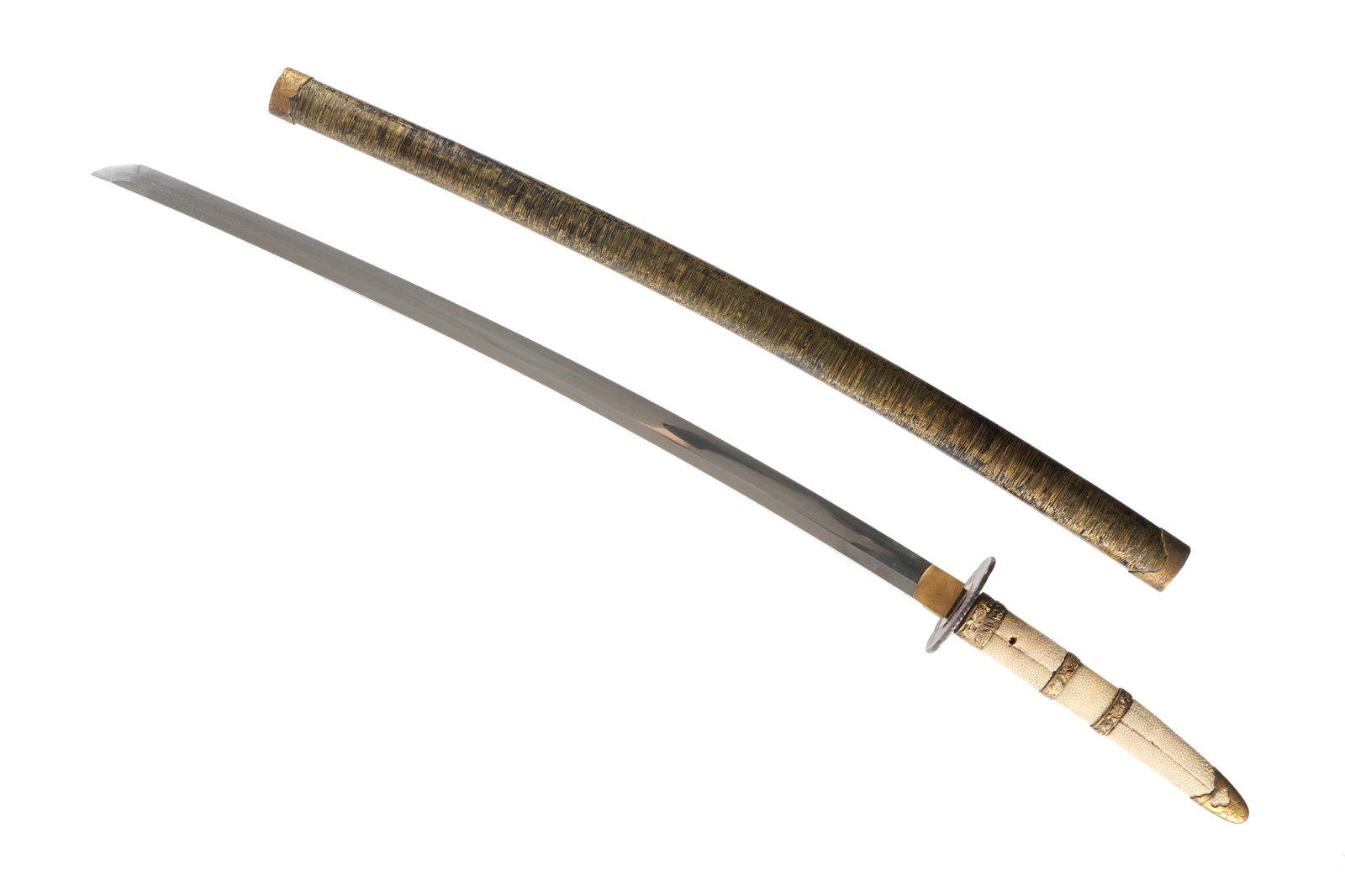 1803 Dated Japanese Kanemichi Katana Sword: 27 3/8" Shinogi Zukuri blade, Kanemichi signed 8" nagako, mounted in black and gilt lacquered saya, overall 40.5" overall. Please see full appraisal and description in pictures from a Japanese sword e