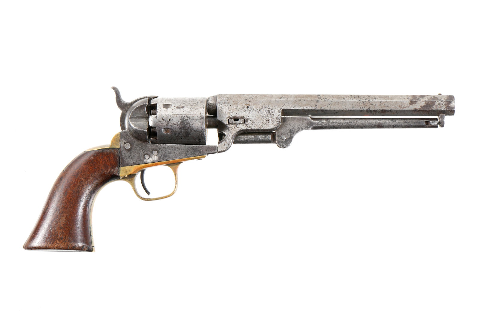1863 Colt Model 1851 Navy Revolver Pistol: All matching serial numbers 156212 dates to 1863. 7.5" octagonal barrel, .36 caliber six shot cylinder. Walnut grips. Overall 13.25". long. Condition: Heavily cleaned all over removing cylinder scene,