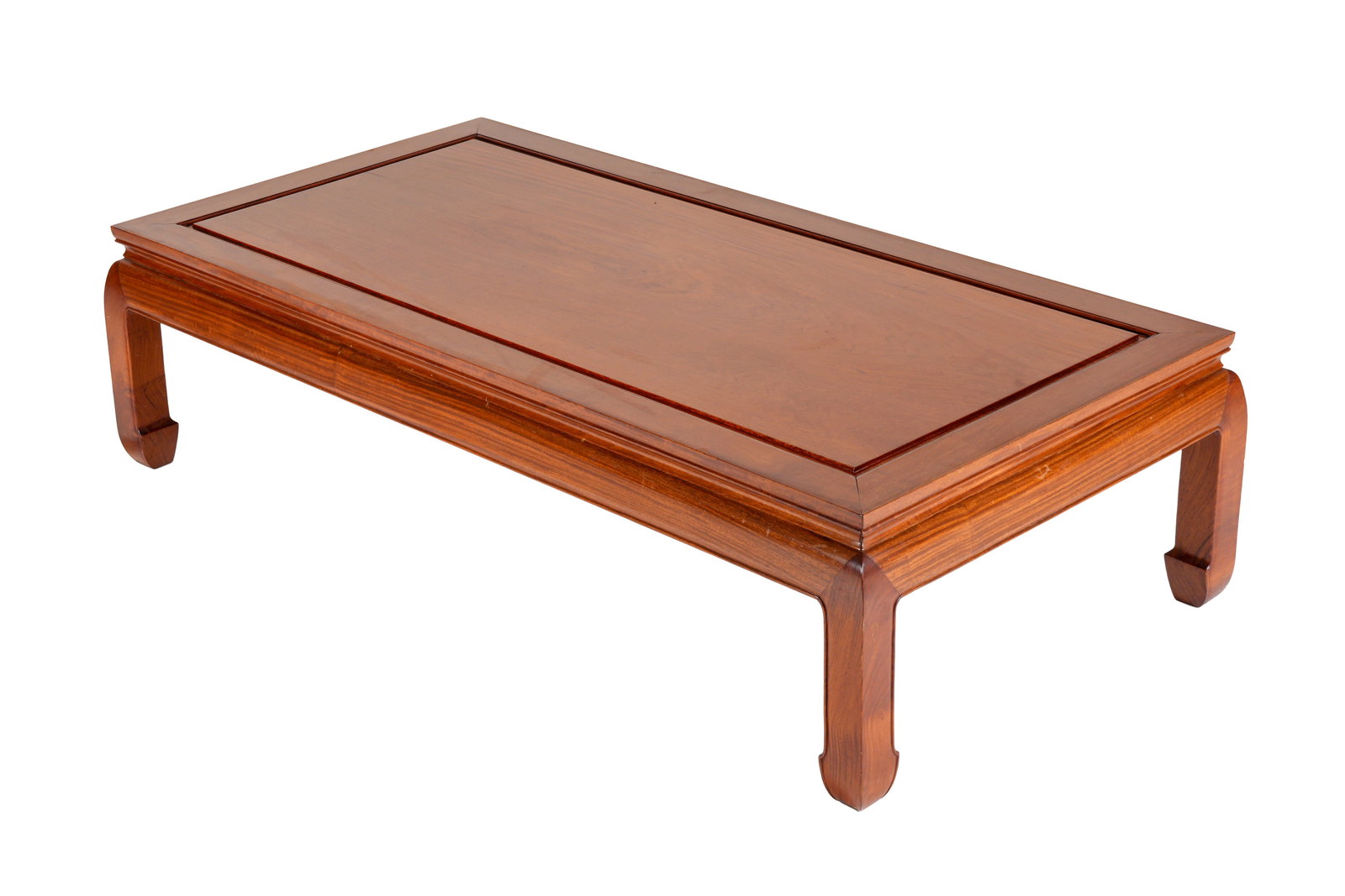 George Zee Hardwood Cocktail / Low Table: Rectangular hardwood cocktail / low table, shaped legs, George Zee metal tag affixed under top, overall 16" h. x 61" x 32". Wear consistent with age and everyday use.