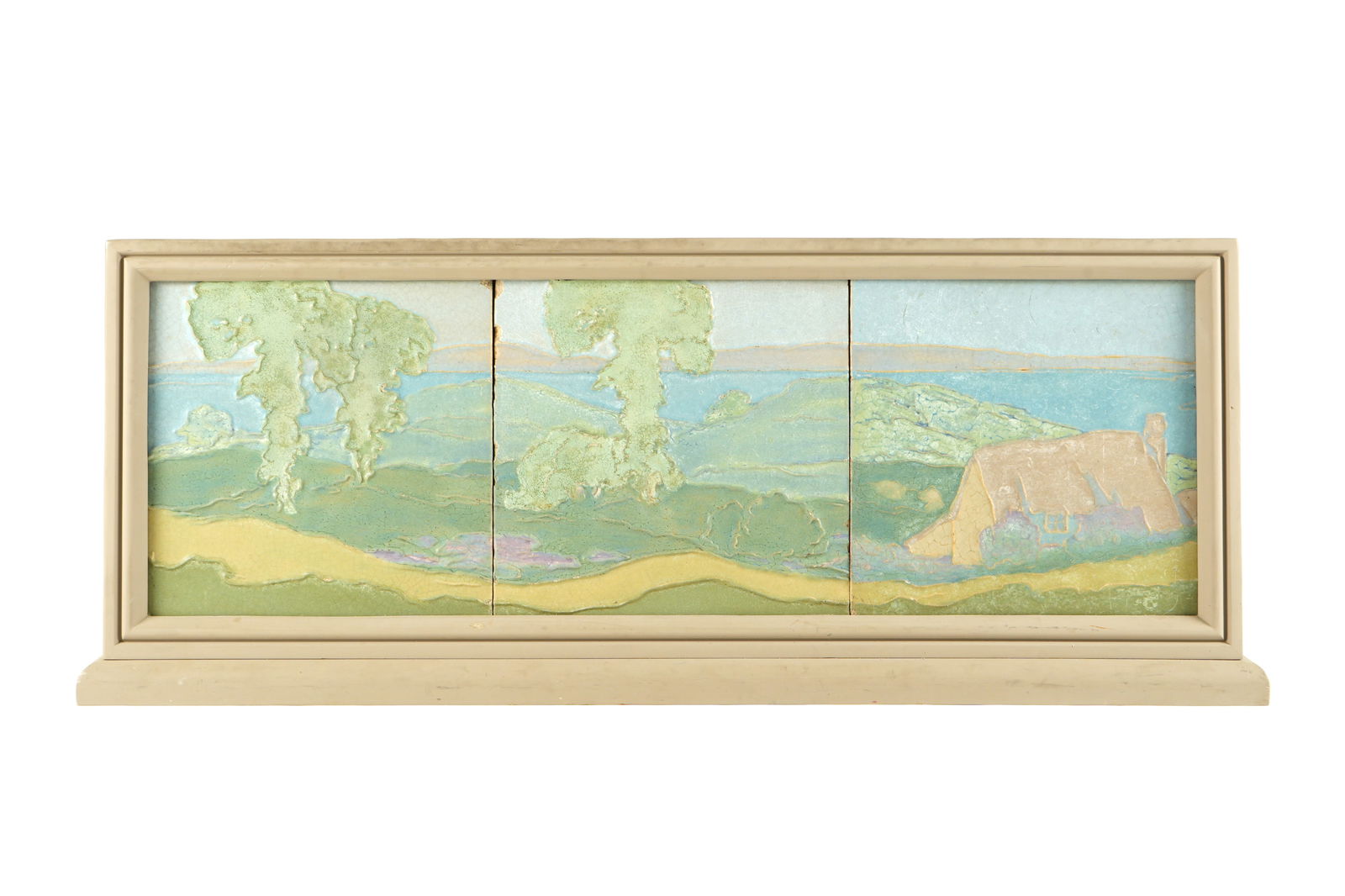 Three Framed Rookwood Architectural Faience Tiles: Large scenic three architectural faience tiles nicely framed in complementary wood frame and stand. Back markings obscured by frame, but appears to be pattern 1981, house in rolling countryside. Each
