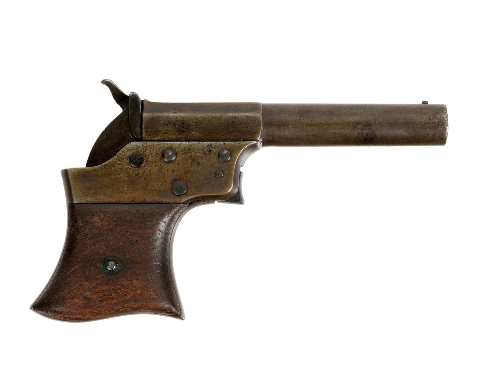 Remington Vest Pocket Saw Handle Derringer Pistol: 4" octagonal and round .41 caliber barrel, breech load single shot, serial number 2765 under barrel, well marked top of barrel, wood grips. Previous owners name and other initials scratched on frame.