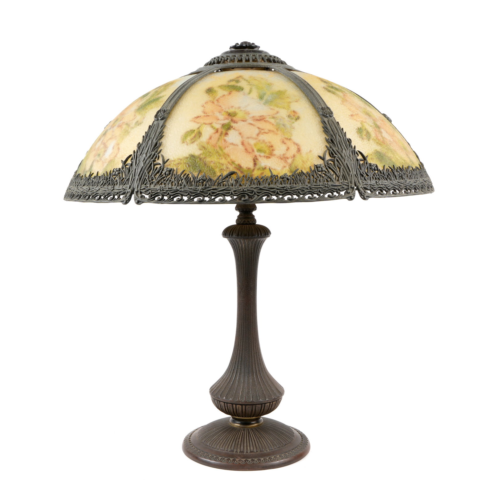 Reverse Painted Six Panel Glass Shade Lamp: Fluted patinated metal base marked "1840" and "192", double socket fixture. Six panel reverse painted floral motif shade with "chipped ice" exterior. Base measures 21.75" h. x 7" base dia. Shade 7.25"