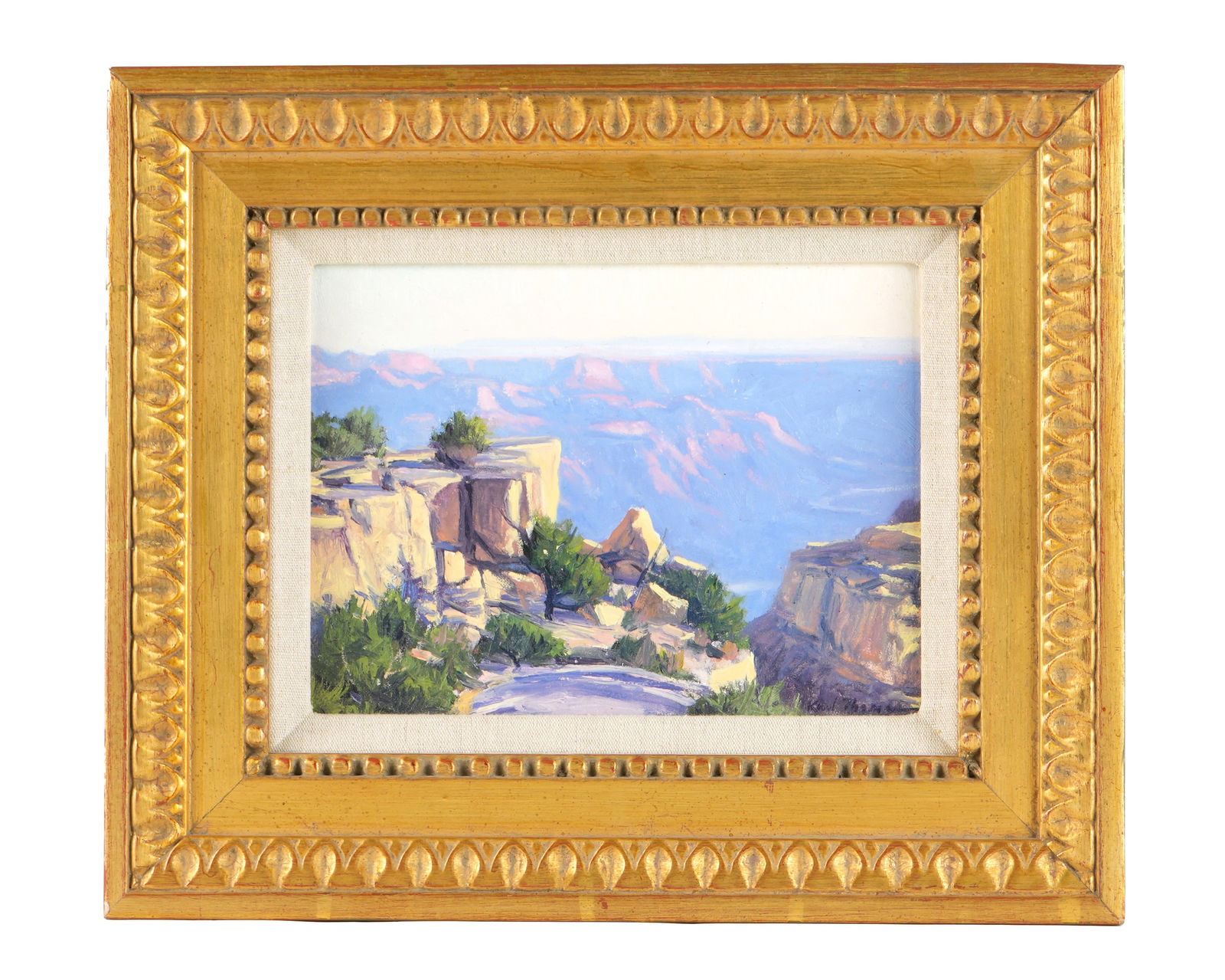 Karl Thomas Grand Canyon Landscape Painting: THOMAS, Karl, American, b. 1948): Vibrant Grand Canyon vista landscape, Oil/Masonite, signed lower right, 6.5" x 8.5", framed 11" x 13".