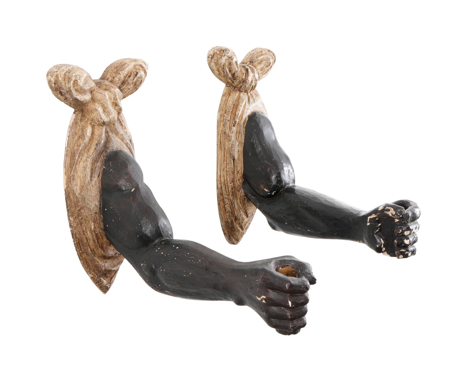 Pair Continental Carved and Painted Arm Sconces: Pair carved wood and painted arm form wall sconces carved tapestry and bow wall support, no visible markings 14.5" h. x 15.25" x 7.25". Condition: Chips and wear to paint.