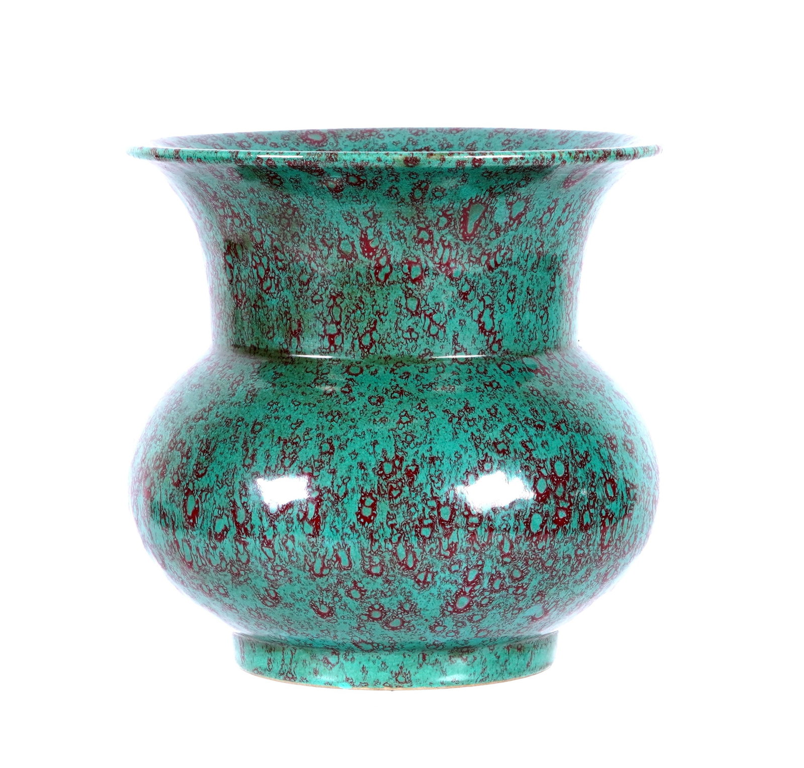 Chinese Mottled Green & Red Glaze Vase / Spittoon: Spittoon form, mottled green and red glaze porcelain, bears an impressed Qianlong mark to base. Overall 6" h. x 6.25" dia.