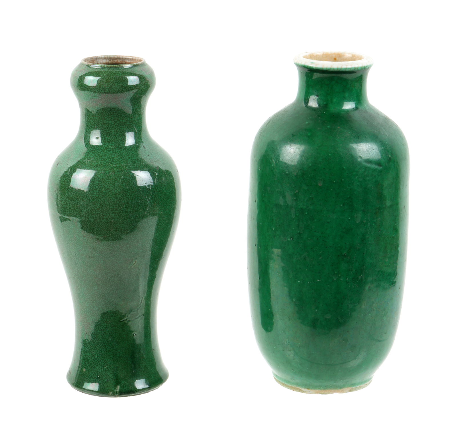 Two Chinese Emerald Green Glaze Vases: Two pieces total to include 1) Emerald green crackle glaze vase, unmarked, 9.25" h .x 3.5". Chip to base, glaze flaws. 2) Emerald green with white crackle glaze vase, stamped China on base, 9.25" h. x