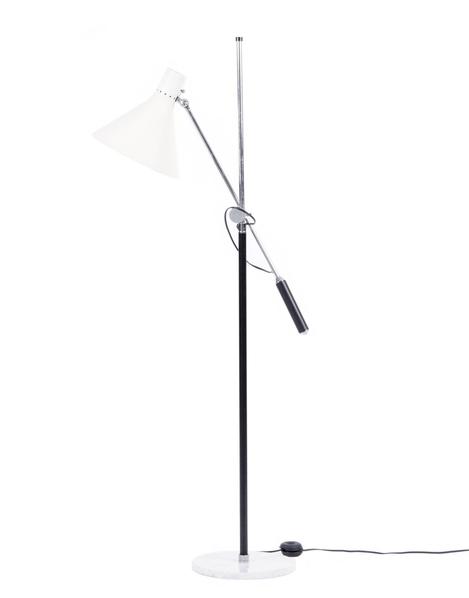 Arredoluce Italian Articulated Floor Lamp: Chrome and painted steel body and arm, round marble base, white painted metal shade with single socket, arm wrapped with leather handle. Stamped "Made in Italy". Overall in most condensed form measure