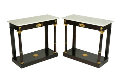 Pair French Empire Marble Top Console Tables