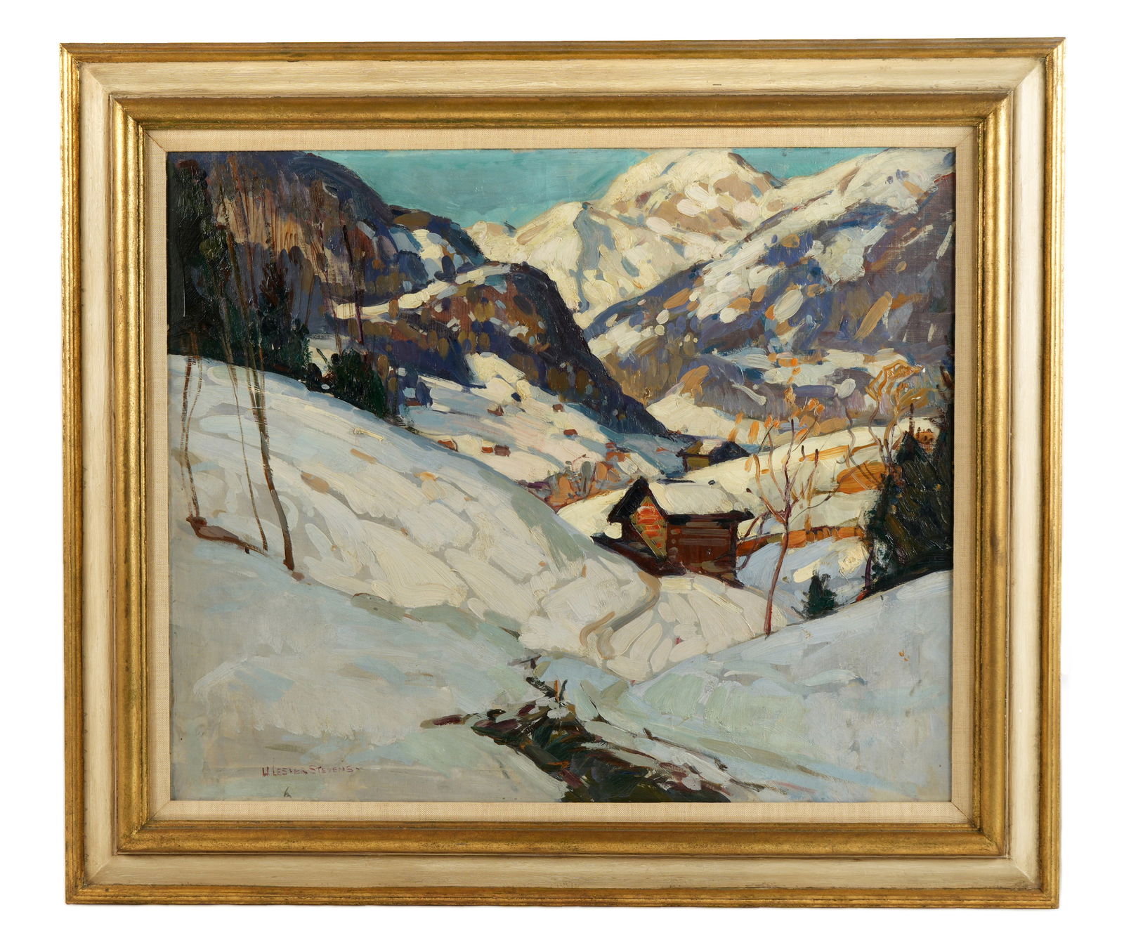 William Lester Stevens Winter Landscape Painting: STEVENS, William Lester, (American, 1888-1969): Snowy mountain winter landscape with cabin, Oil on Canvas, signed lower left, 25" x 30", framed 32.5" x 37.5". No evidence of inpaint or restoration und