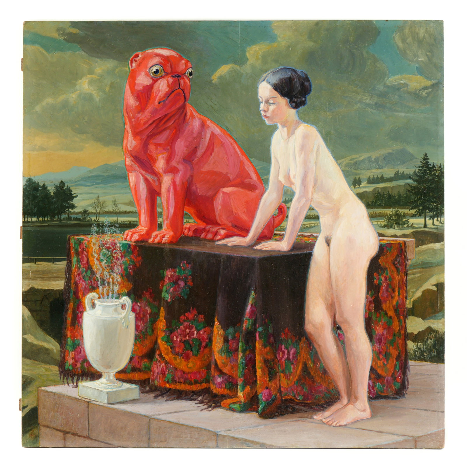 1913 Thomas Theodor Heine Nude Woman & Red Dog: HEINE, Thomas Theodor, (German, 1867-1948): Figure of a nude woman standing next to a large red dog seated on a table, all in a landscape, Oil on Wood Panel, monogrammed and dated 1913 lower left, 32.