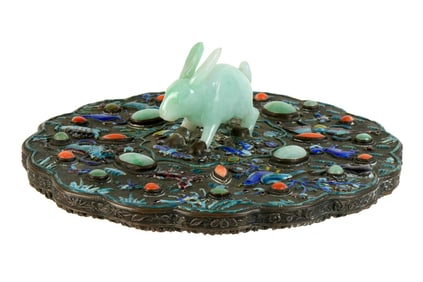 Chinese Silver Jade Coral and Enamel Hand Mirror