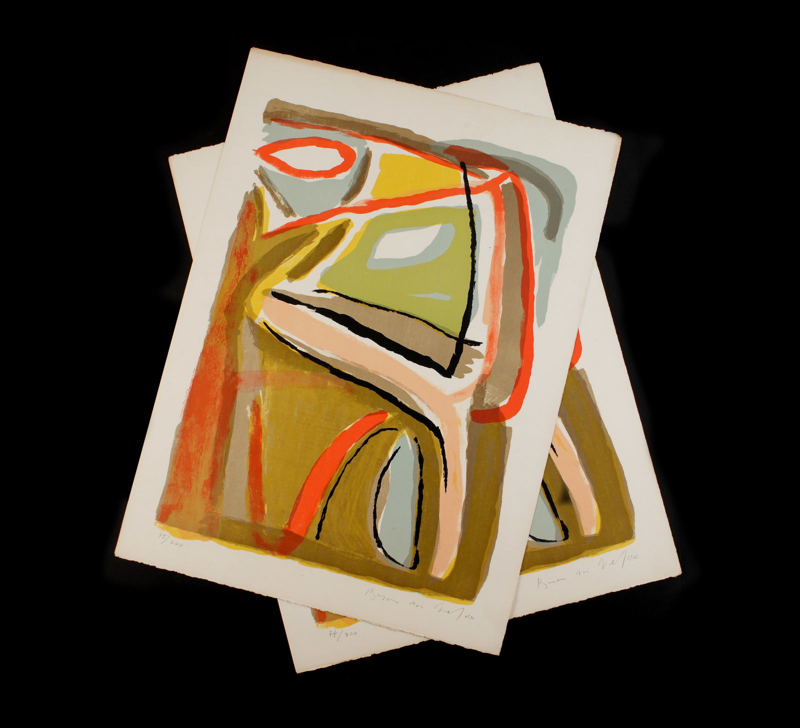 Two 1968 Bram Van Velde Soleil Lithographs: VAN VELDE, Abraham Gerardus, (Dutch, 1895-1981): "Soleil", 1968, Color Lithograph on Arches Paper, pencil signed lower left, numbered 74 and 75 from the edition of 300, image size 22" x 16", sheet siz