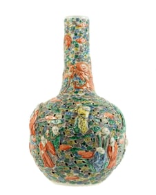 Chinese Famille Verte Molded Bottle Vase 18 Arhats