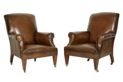 Pair English Brown Leather Library Armchairs