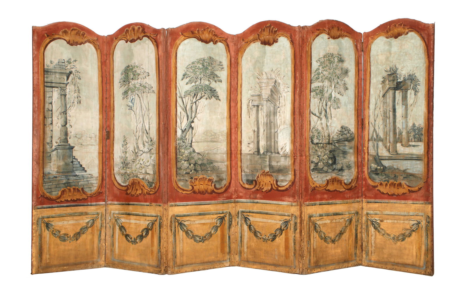 French Six Panel Painted Floor Screen: Red painted frames with arched tops, each panel with painted oil on linen landscape scenes front, floral bouquets verso. Each panel 75.5" h. x 22.5". Condition: Craquelure, tears, punctures, and losse