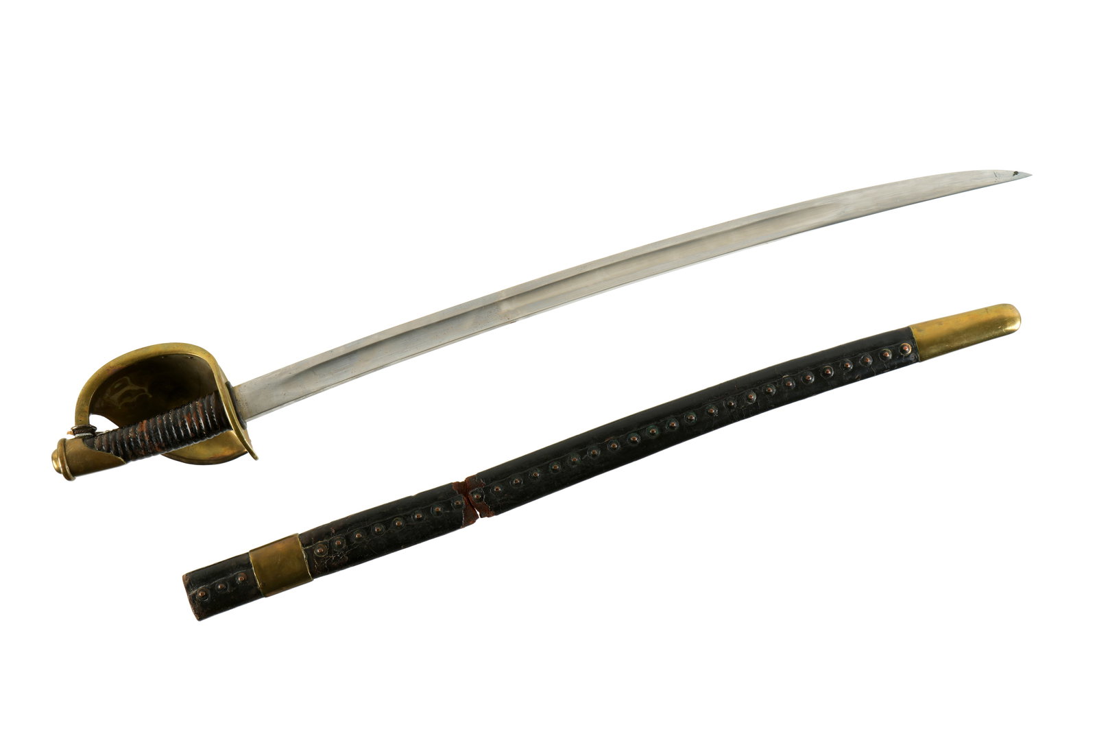 Us Civil War Ames Model 1860 Naval Cutlass: Hilt with brass two piece riveted "bell" knuckle guard and pommel, guard stamped 23M and 937. Black leather over wood grip. 26" blade with unstopped fuller, marked at ricasso three line AMES MFG CO. C