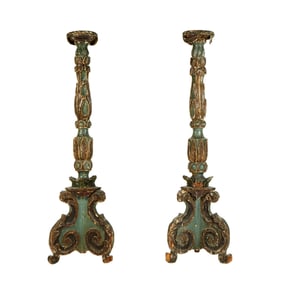 Pr 18th Century Italian Carved & Painted Prickets