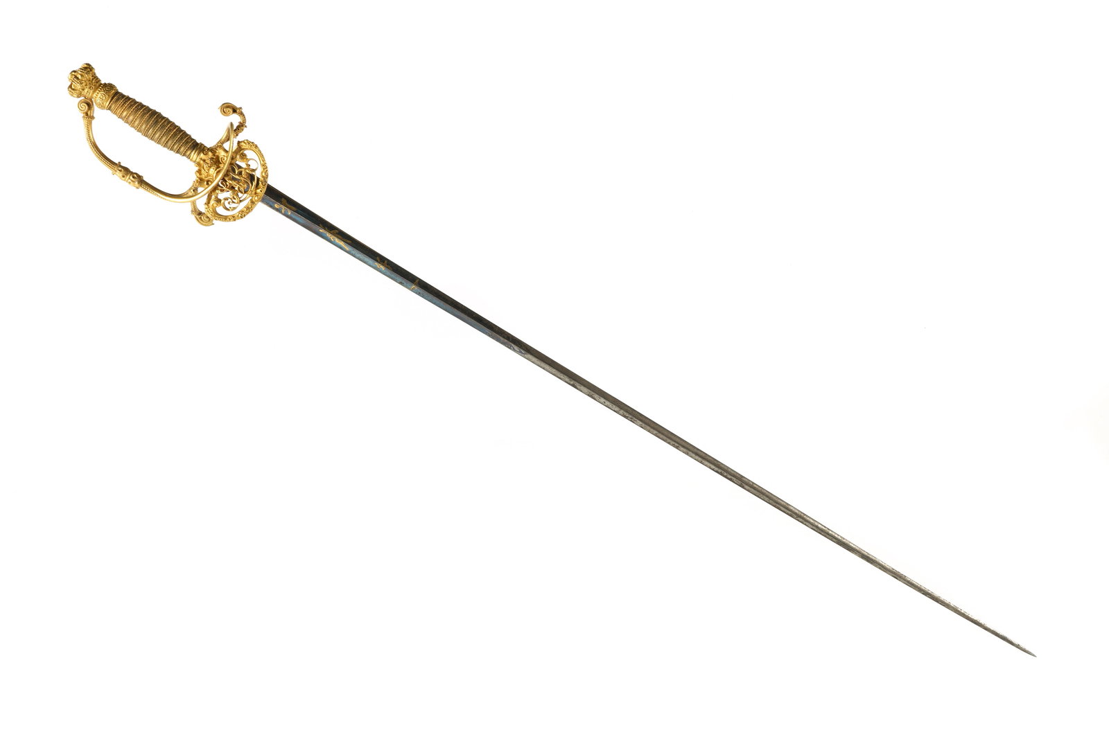 Nice 18th Century Continental Court Small Sword: Ornate gilt brass hilt with crown finial, embellished knuckle guard, pierced front langet with crown of illegible monogram cypher. Unmarked triangular blade with fire blue and gilt accented engravings