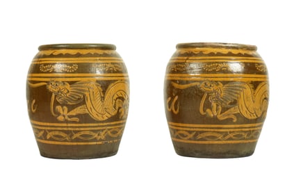Pair Large Terracotta Dragon Decorated Egg Jars