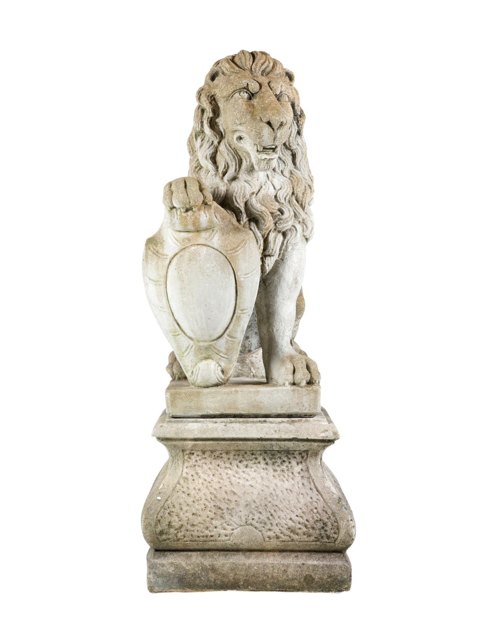 Poured Stone Garden Lion Statue with Stand: Poured stone figure of a seated armorial lion with shield, no visible markings, overall 23.5" h. x 16" x 25". Sold with poured stone base, 15.5" h. x 22.75" x 19". Condition: Chips, signs of weatherin
