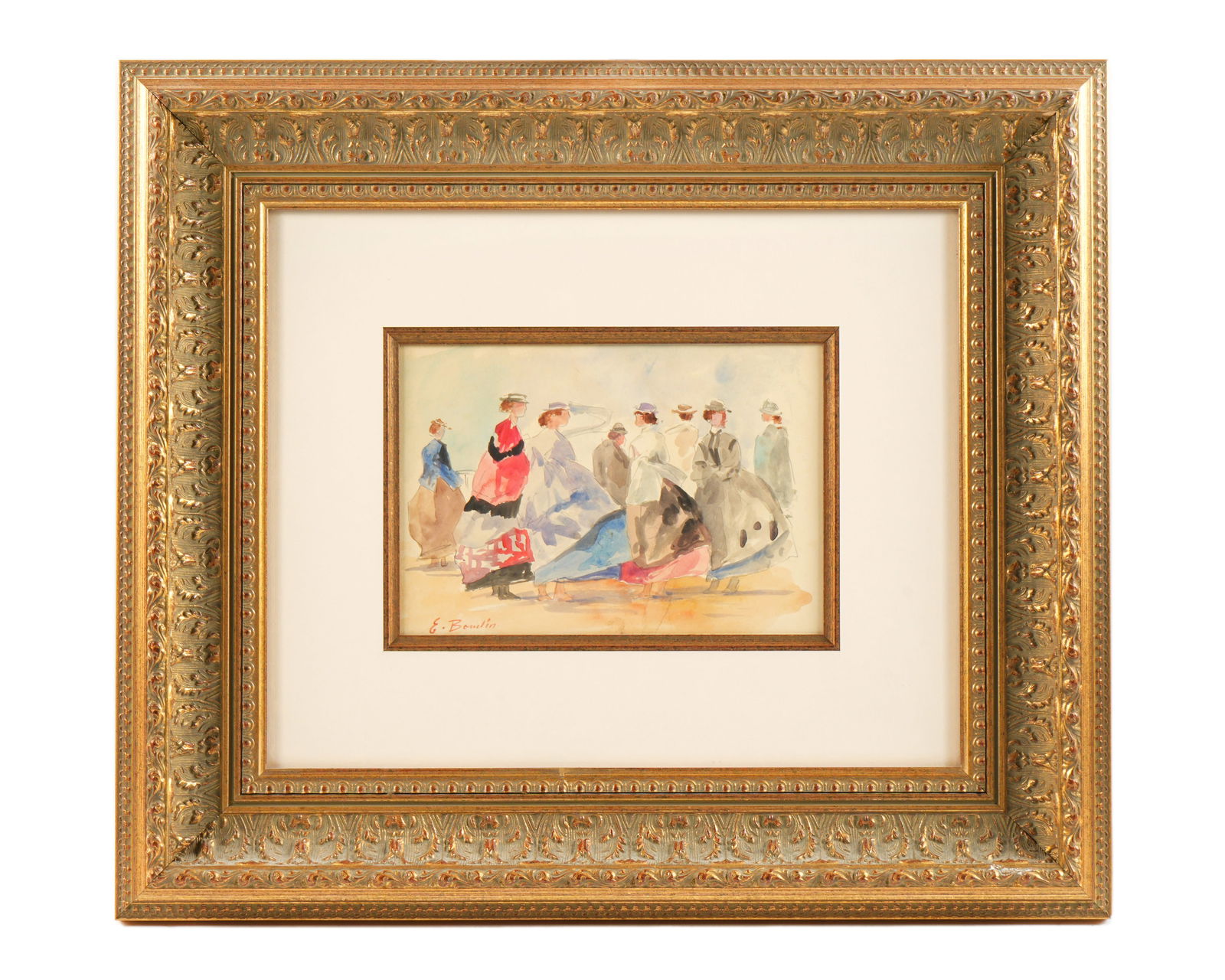 attr. Eugene Boudin Watercolor Painting of Women: attributed BOUDIN, Eugene, (French, 1824-1898): Depiction of eight standing women, Watercolor/Pencil on Paper, signed lower left, sight size 6" x 8.5", framed 18" x 20.5". Condition: Water spot to bot