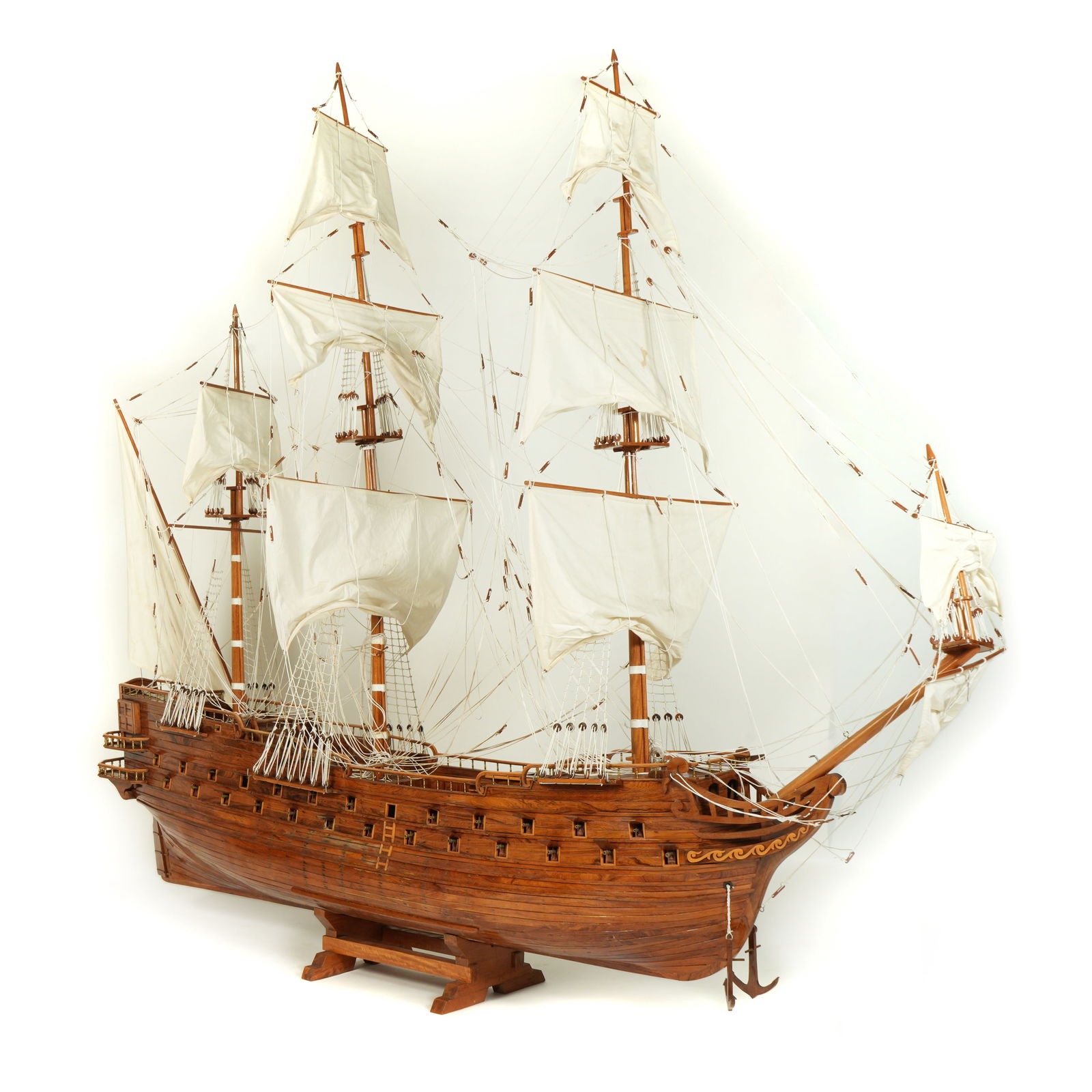 Monumental Ships Model of Galleon or Man-of-War: Exceptionally large hand made ships model of a unnamed 17th/18th Century galleon. Nicely detailed, three masts with riggings and sails, 50 guns, lifeboats. Overall on stand measures approx. 98" h. x 1